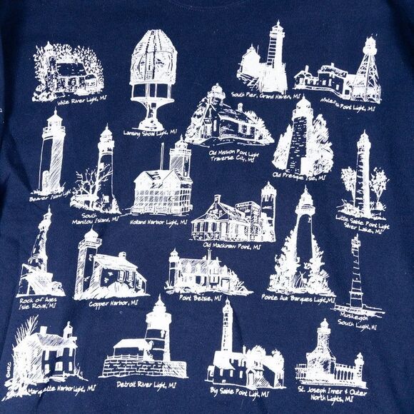 Vintage 90s Michigan Lighthouses AOP Crewneck Made USA Navy Sweatshirt XL - Picture 4 of 6